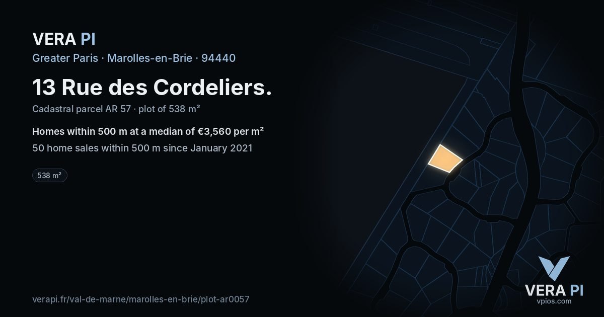 13 Rue des Cordeliers, Marolles-en-Brie at night – the plot lit, the parcels around coloured by the prices near them