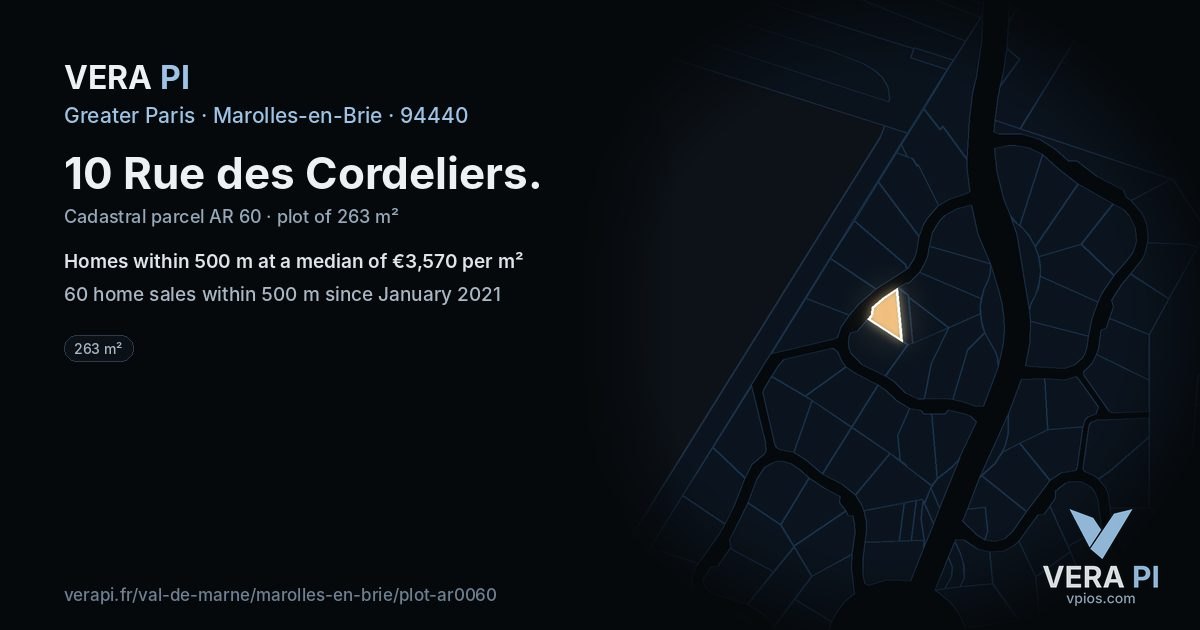 10 Rue des Cordeliers, Marolles-en-Brie at night – the plot lit, the parcels around coloured by the prices near them