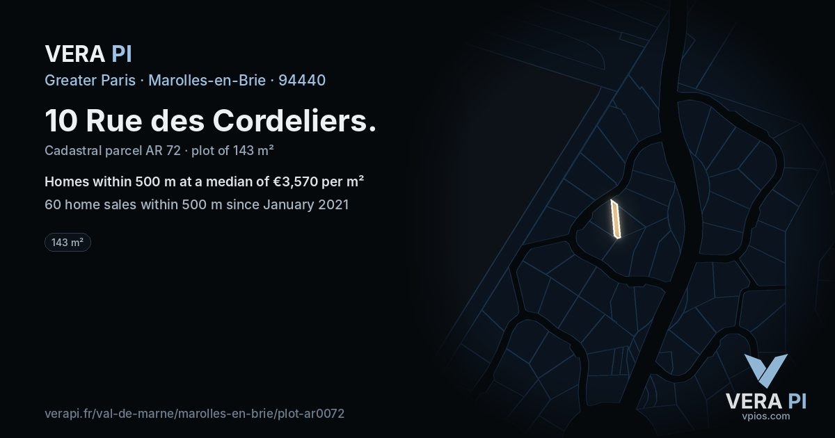 10 Rue des Cordeliers, Marolles-en-Brie at night – the plot lit, the parcels around coloured by the prices near them