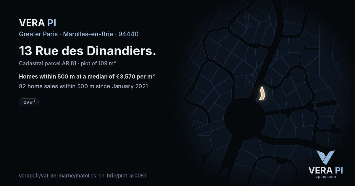 13 Rue des Dinandiers, Marolles-en-Brie at night – the plot lit, the parcels around coloured by the prices near them