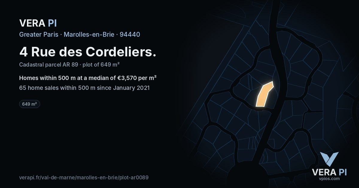 4 Rue des Cordeliers, Marolles-en-Brie at night – the plot lit, the parcels around coloured by the prices near them