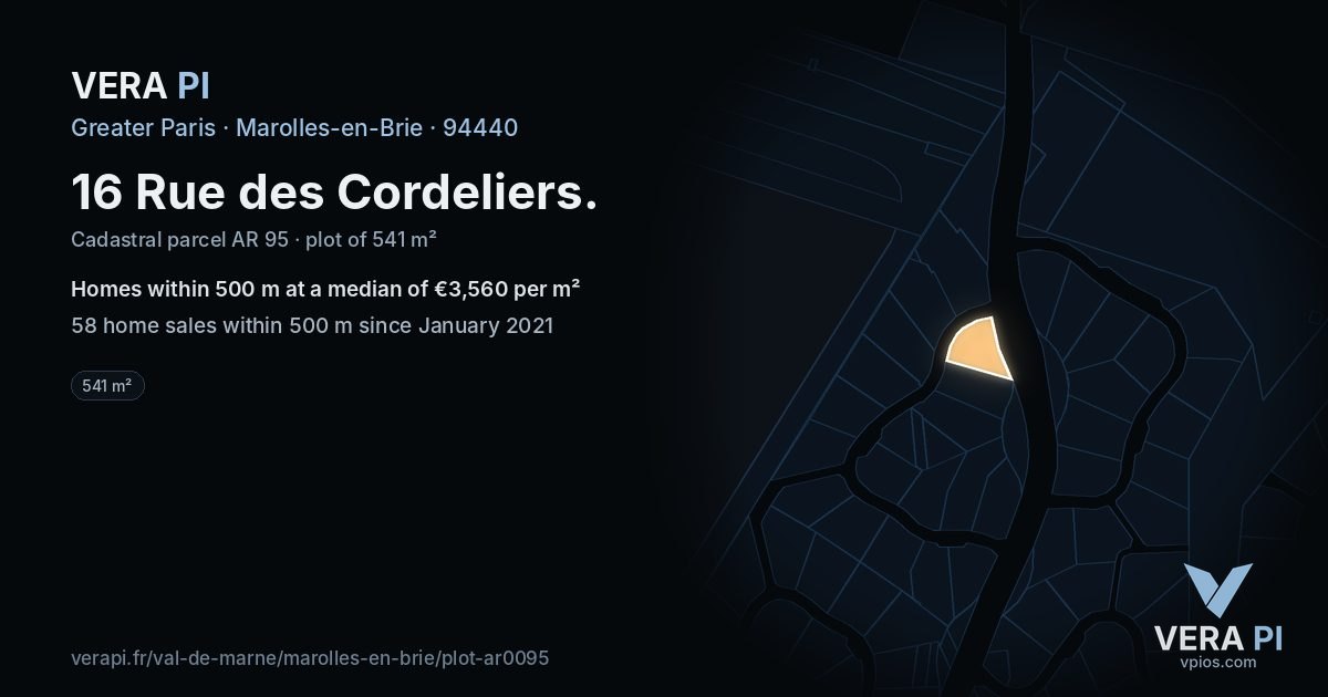 16 Rue des Cordeliers, Marolles-en-Brie at night – the plot lit, the parcels around coloured by the prices near them