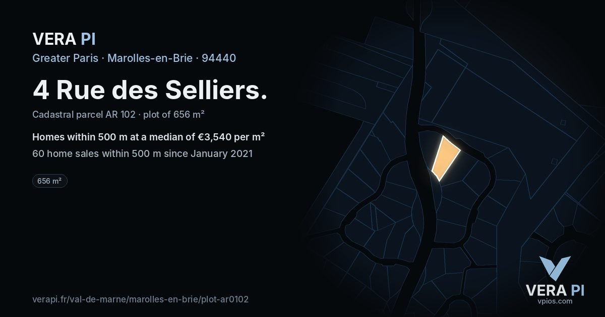 4 Rue des Selliers, Marolles-en-Brie at night – the plot lit, the parcels around coloured by the prices near them