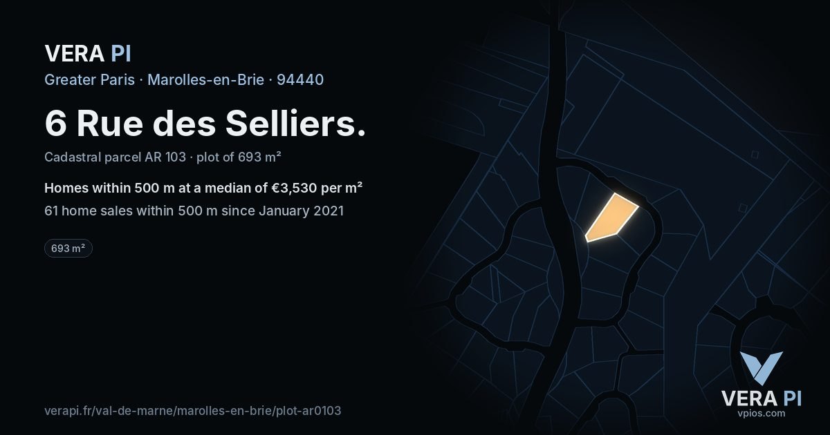 6 Rue des Selliers, Marolles-en-Brie at night – the plot lit, the parcels around coloured by the prices near them