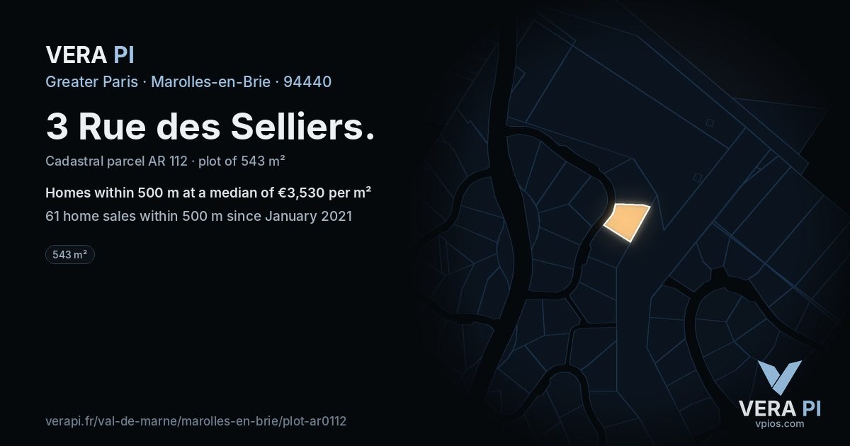 3 Rue des Selliers, Marolles-en-Brie at night – the plot lit, the parcels around coloured by the prices near them