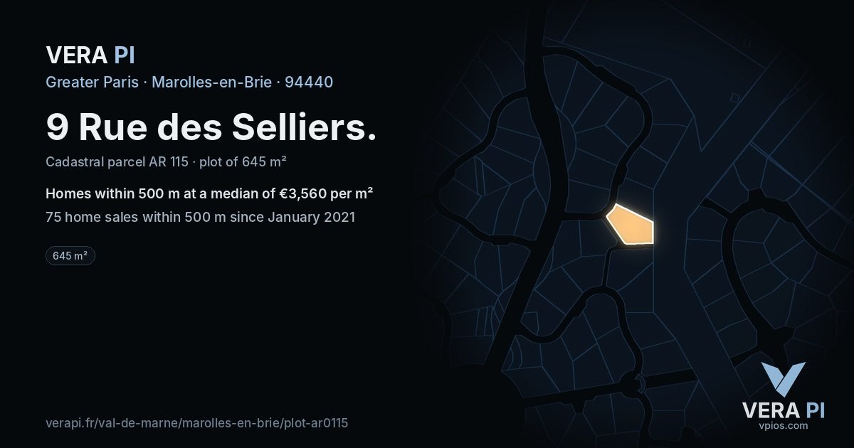9 Rue des Selliers, Marolles-en-Brie at night – the plot lit, the parcels around coloured by the prices near them