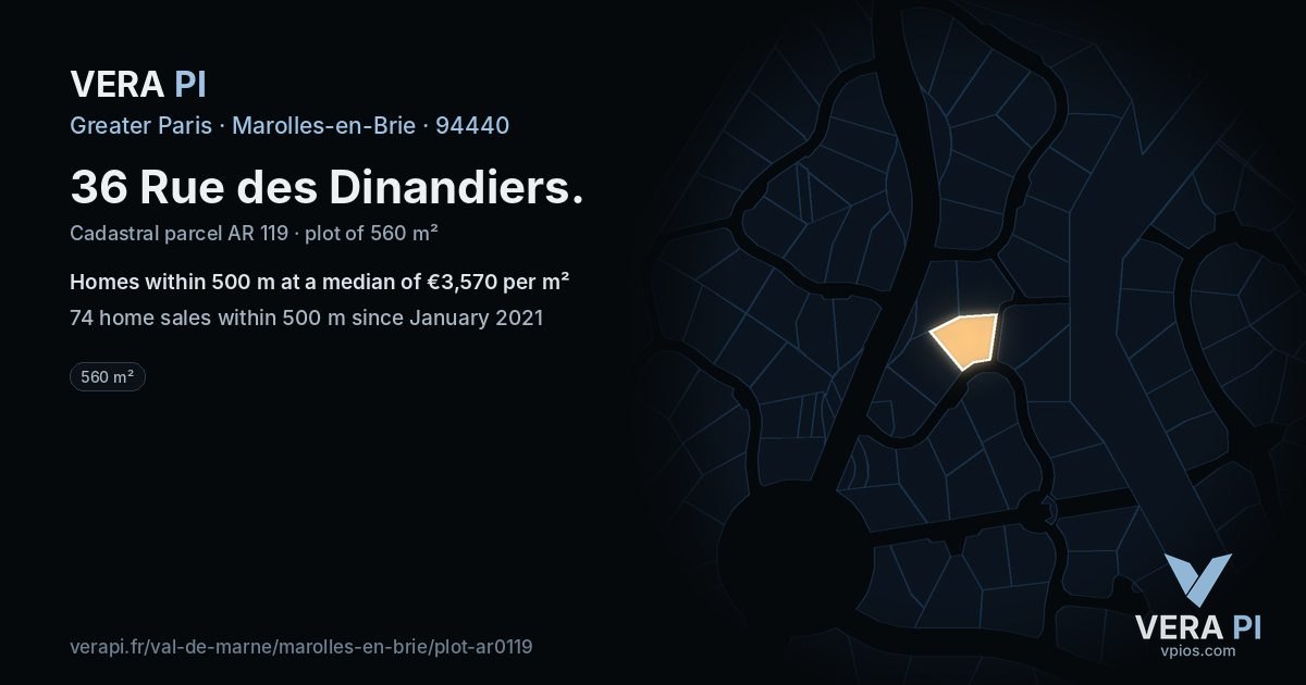 36 Rue des Dinandiers, Marolles-en-Brie at night – the plot lit, the parcels around coloured by the prices near them