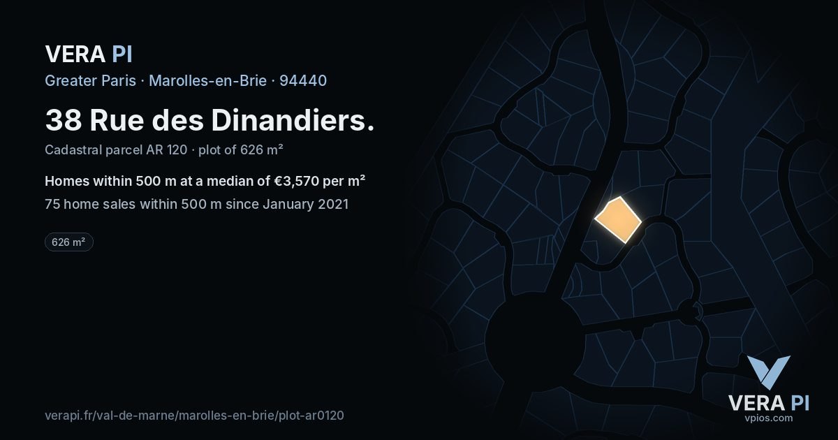 38 Rue des Dinandiers, Marolles-en-Brie at night – the plot lit, the parcels around coloured by the prices near them