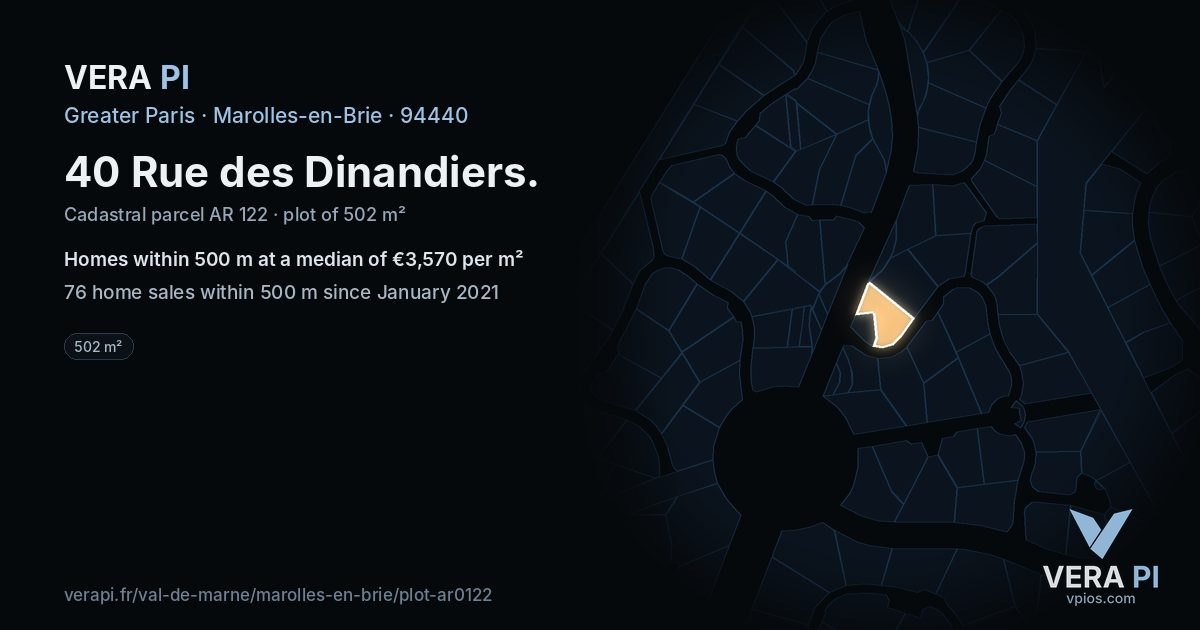 40 Rue des Dinandiers, Marolles-en-Brie at night – the plot lit, the parcels around coloured by the prices near them