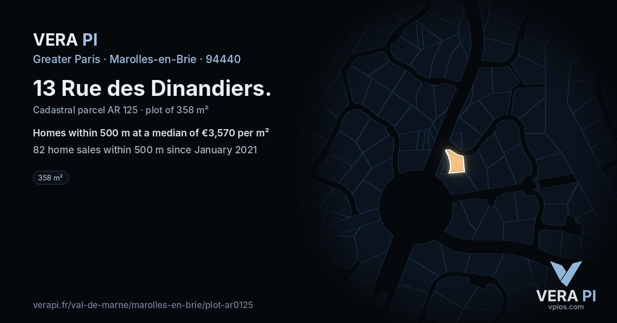 13 Rue des Dinandiers, Marolles-en-Brie at night – the plot lit, the parcels around coloured by the prices near them