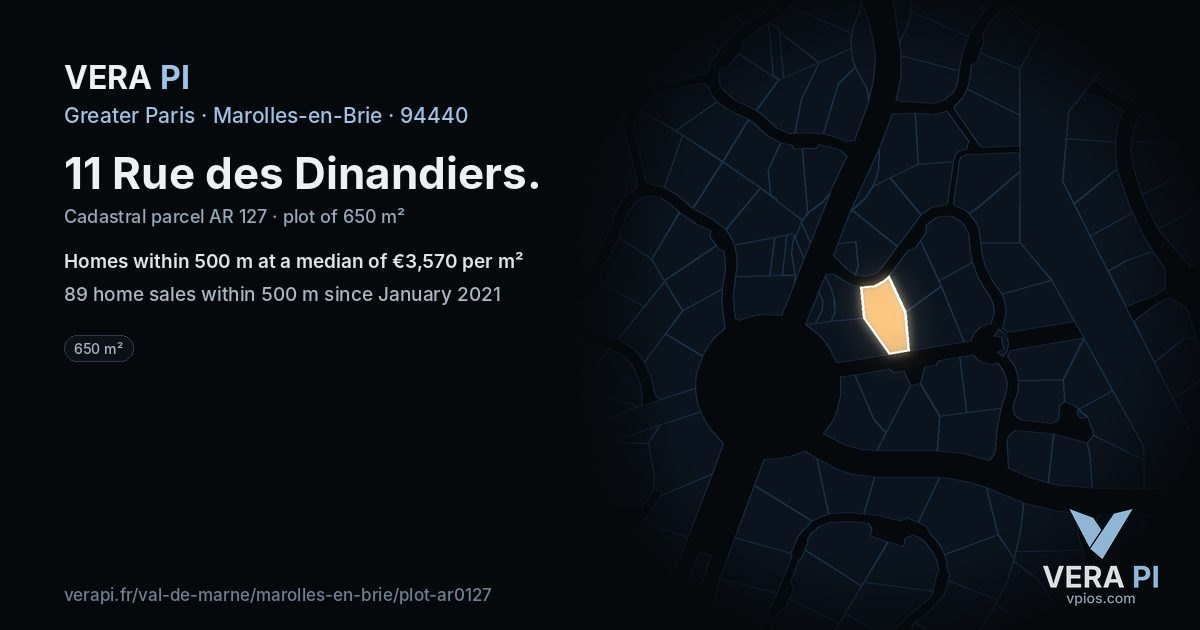 11 Rue des Dinandiers, Marolles-en-Brie at night – the plot lit, the parcels around coloured by the prices near them