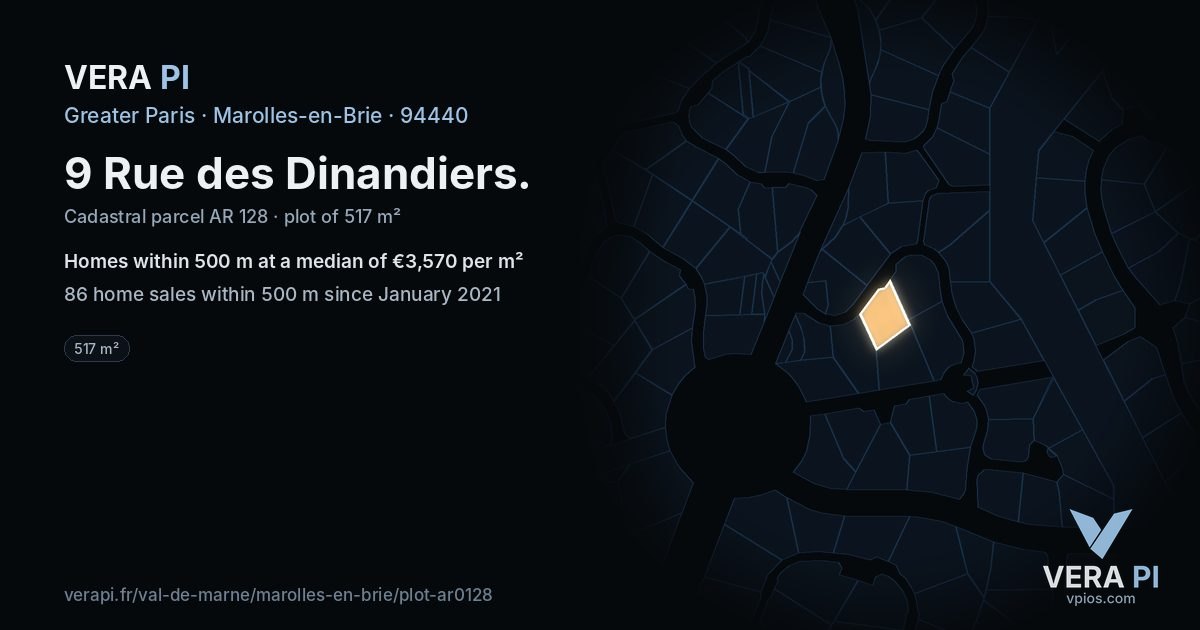 9 Rue des Dinandiers, Marolles-en-Brie at night – the plot lit, the parcels around coloured by the prices near them