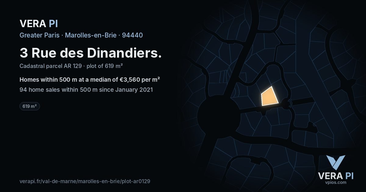 3 Rue des Dinandiers, Marolles-en-Brie at night – the plot lit, the parcels around coloured by the prices near them