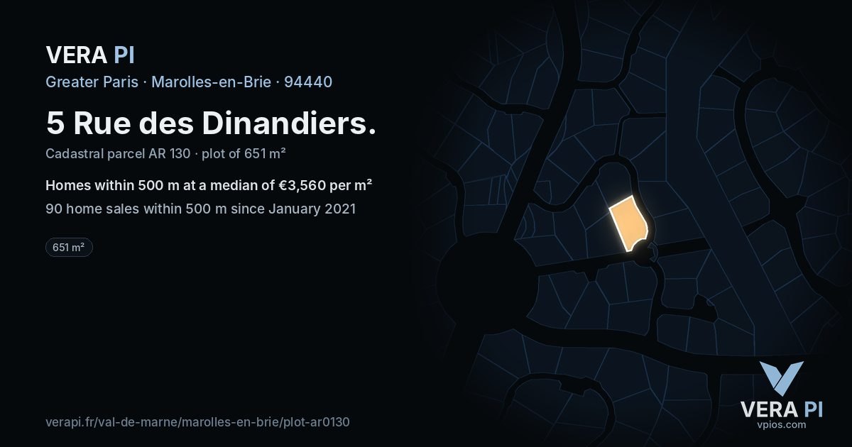 5 Rue des Dinandiers, Marolles-en-Brie at night – the plot lit, the parcels around coloured by the prices near them
