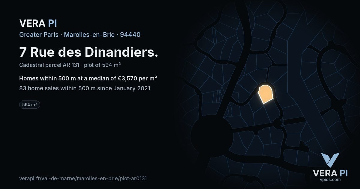 7 Rue des Dinandiers, Marolles-en-Brie at night – the plot lit, the parcels around coloured by the prices near them
