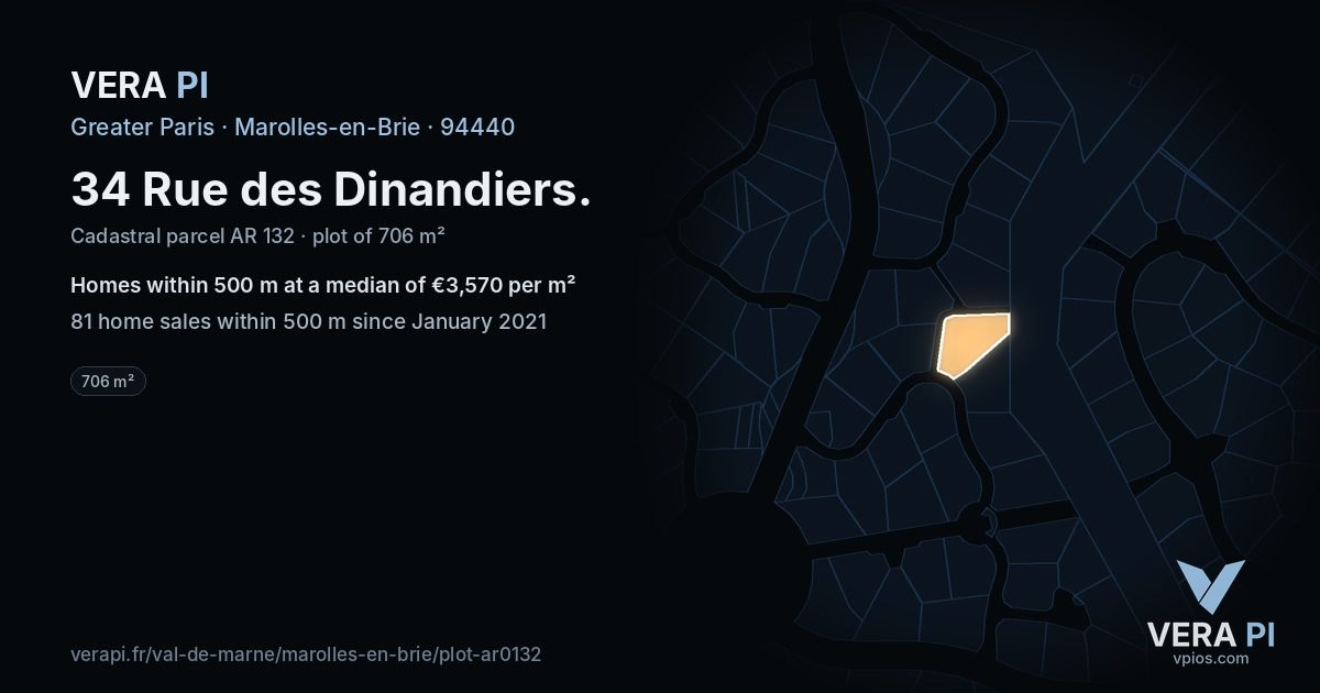 34 Rue des Dinandiers, Marolles-en-Brie at night – the plot lit, the parcels around coloured by the prices near them