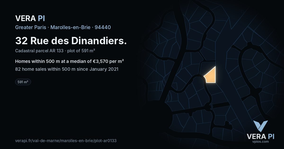 32 Rue des Dinandiers, Marolles-en-Brie at night – the plot lit, the parcels around coloured by the prices near them