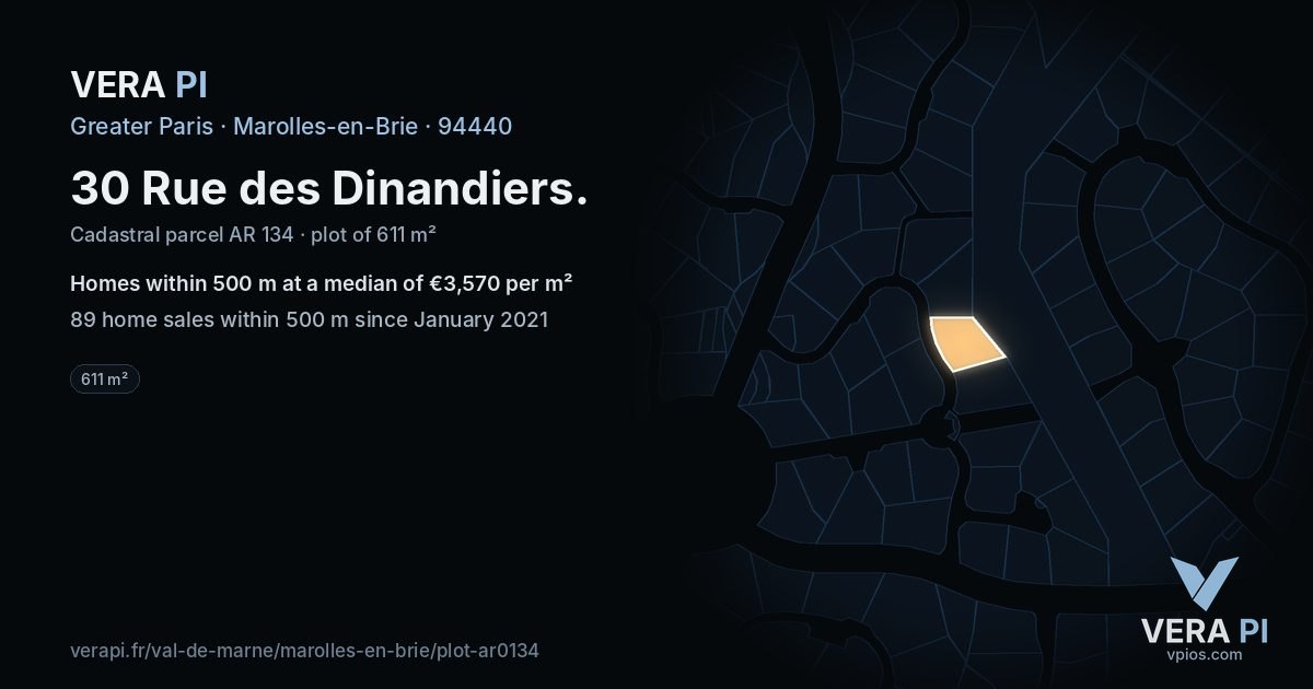 30 Rue des Dinandiers, Marolles-en-Brie at night – the plot lit, the parcels around coloured by the prices near them
