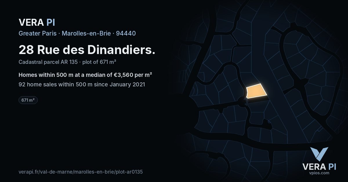 28 Rue des Dinandiers, Marolles-en-Brie at night – the plot lit, the parcels around coloured by the prices near them