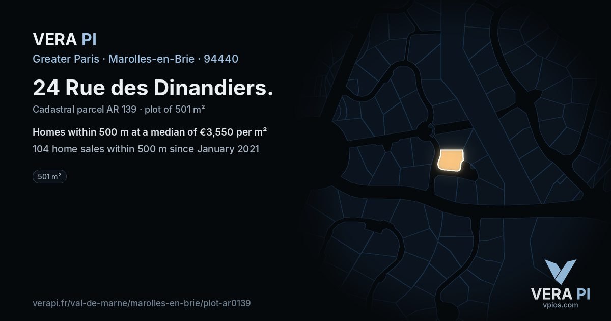 24 Rue des Dinandiers, Marolles-en-Brie at night – the plot lit, the parcels around coloured by the prices near them