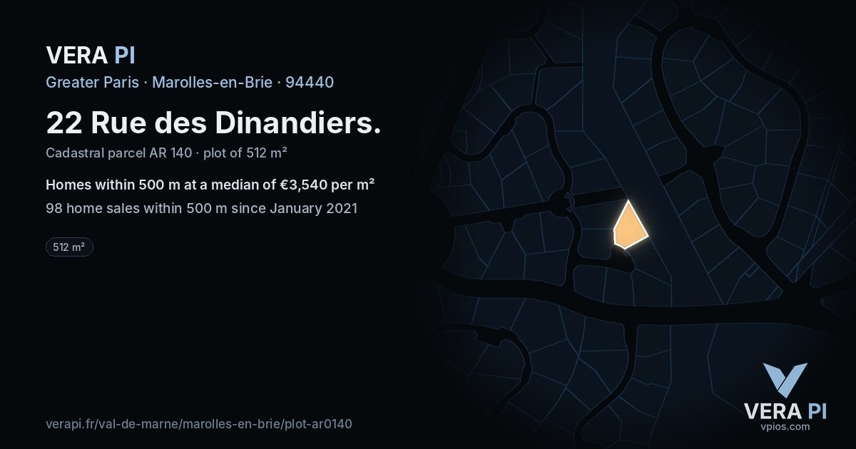 22 Rue des Dinandiers, Marolles-en-Brie at night – the plot lit, the parcels around coloured by the prices near them