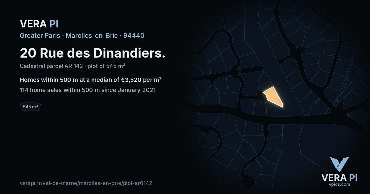 20 Rue des Dinandiers, Marolles-en-Brie at night – the plot lit, the parcels around coloured by the prices near them