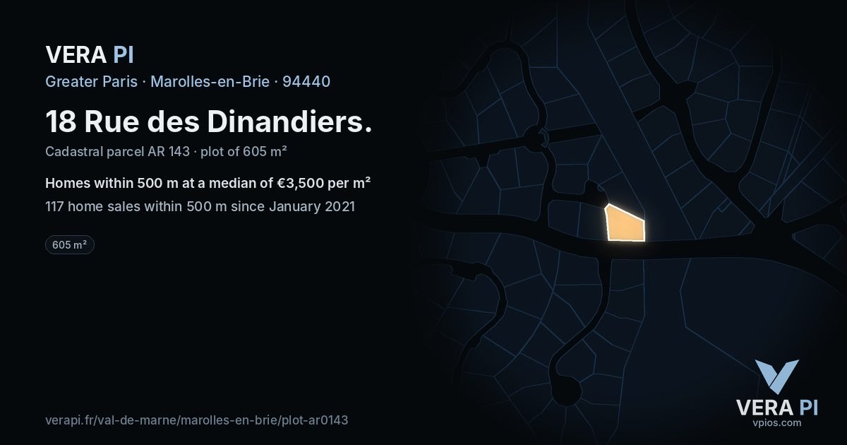 18 Rue des Dinandiers, Marolles-en-Brie at night – the plot lit, the parcels around coloured by the prices near them