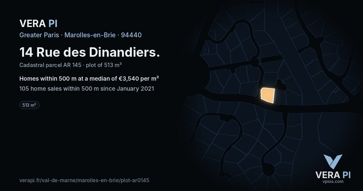 14 Rue des Dinandiers, Marolles-en-Brie at night – the plot lit, the parcels around coloured by the prices near them