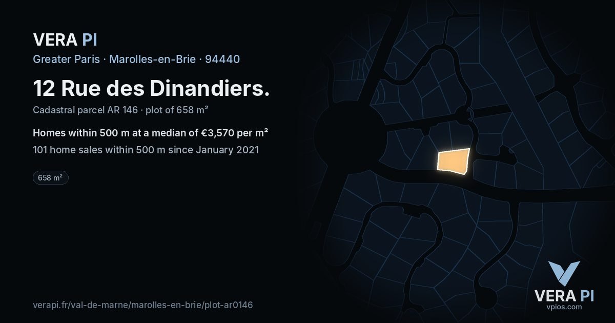 12 Rue des Dinandiers, Marolles-en-Brie at night – the plot lit, the parcels around coloured by the prices near them