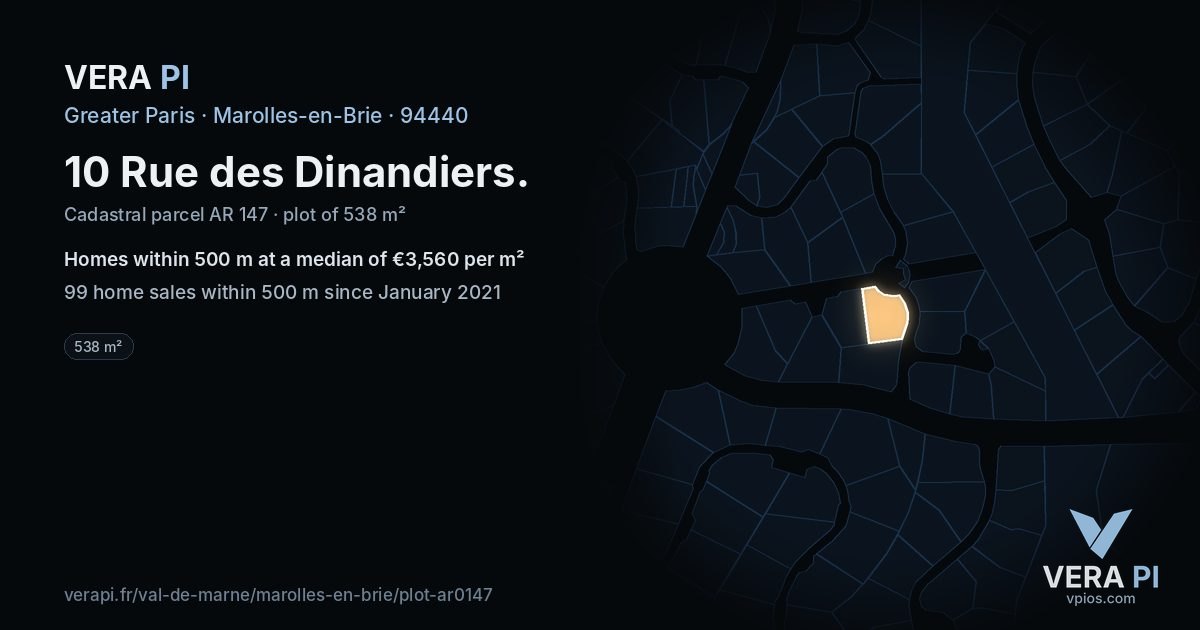 10 Rue des Dinandiers, Marolles-en-Brie at night – the plot lit, the parcels around coloured by the prices near them