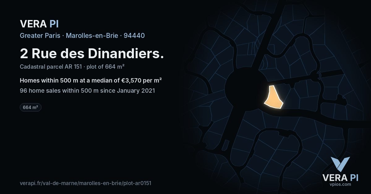 2 Rue des Dinandiers, Marolles-en-Brie at night – the plot lit, the parcels around coloured by the prices near them