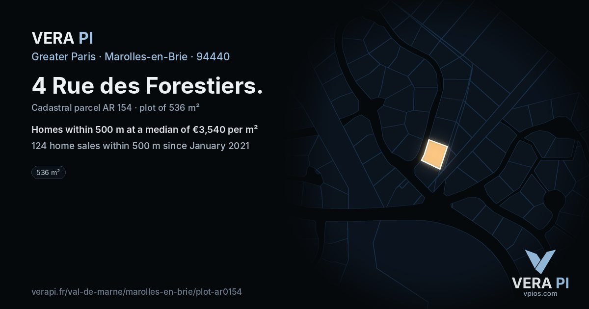 4 Rue des Forestiers, Marolles-en-Brie at night – the plot lit, the parcels around coloured by the prices near them