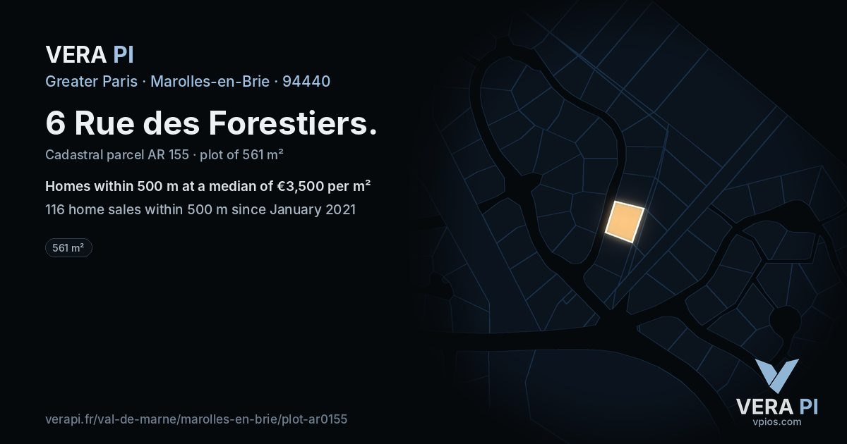 6 Rue des Forestiers, Marolles-en-Brie at night – the plot lit, the parcels around coloured by the prices near them