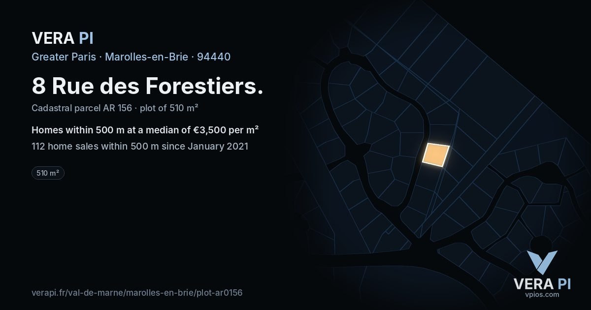 8 Rue des Forestiers, Marolles-en-Brie at night – the plot lit, the parcels around coloured by the prices near them