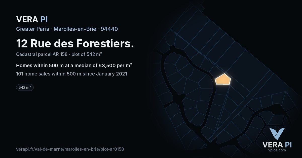 12 Rue des Forestiers, Marolles-en-Brie at night – the plot lit, the parcels around coloured by the prices near them
