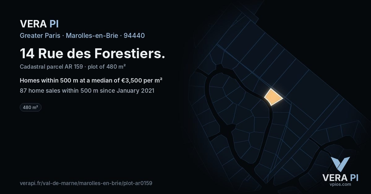 14 Rue des Forestiers, Marolles-en-Brie at night – the plot lit, the parcels around coloured by the prices near them