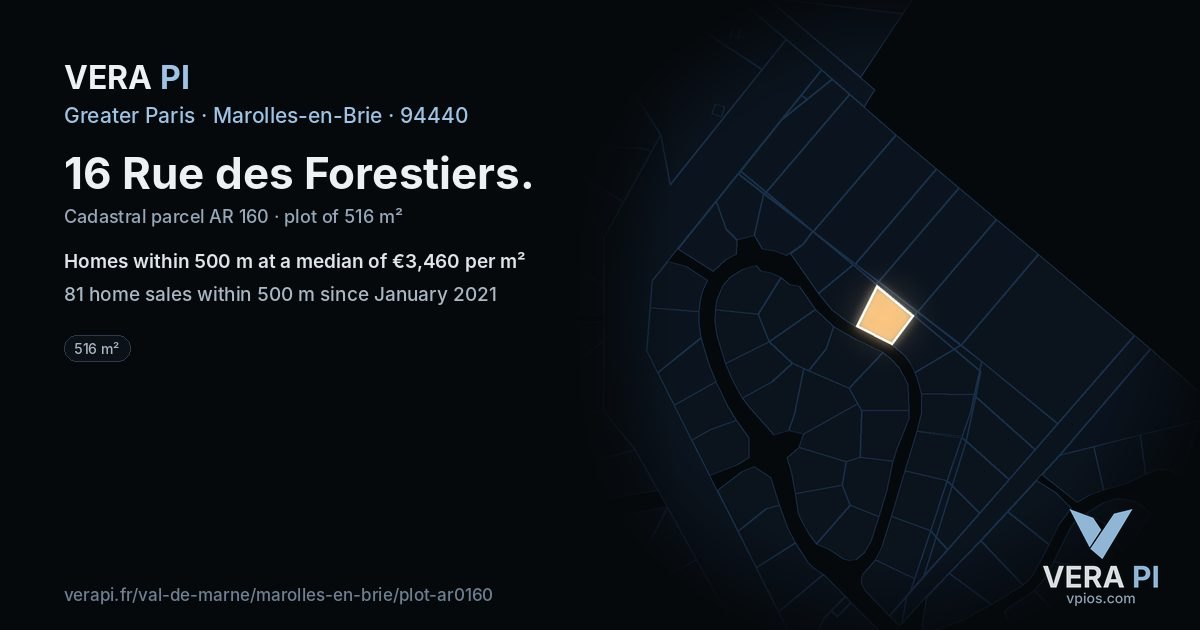 16 Rue des Forestiers, Marolles-en-Brie at night – the plot lit, the parcels around coloured by the prices near them