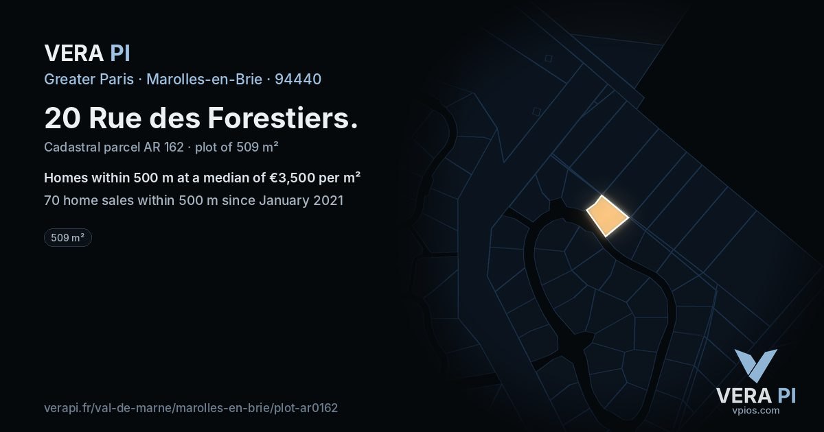 20 Rue des Forestiers, Marolles-en-Brie at night – the plot lit, the parcels around coloured by the prices near them