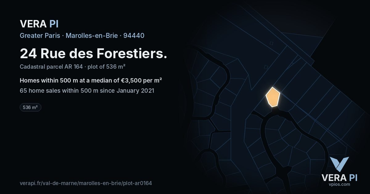 24 Rue des Forestiers, Marolles-en-Brie at night – the plot lit, the parcels around coloured by the prices near them