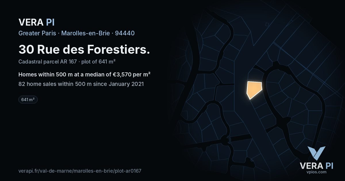 30 Rue des Forestiers, Marolles-en-Brie at night – the plot lit, the parcels around coloured by the prices near them