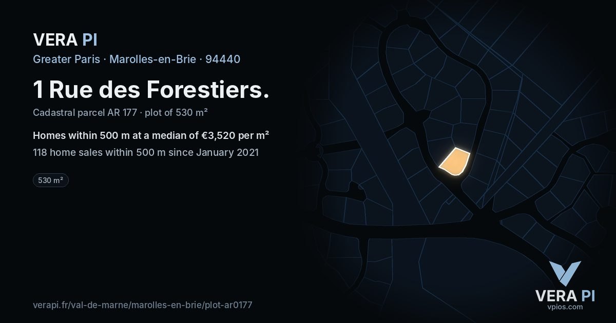 1 Rue des Forestiers, Marolles-en-Brie at night – the plot lit, the parcels around coloured by the prices near them
