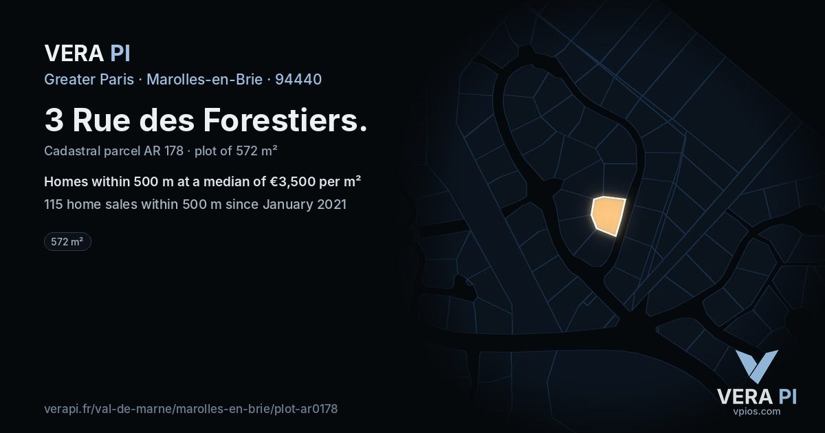 3 Rue des Forestiers, Marolles-en-Brie at night – the plot lit, the parcels around coloured by the prices near them