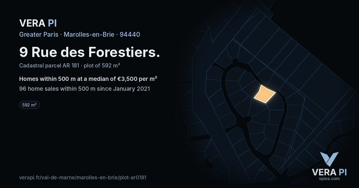 9 Rue des Forestiers, Marolles-en-Brie at night – the plot lit, the parcels around coloured by the prices near them