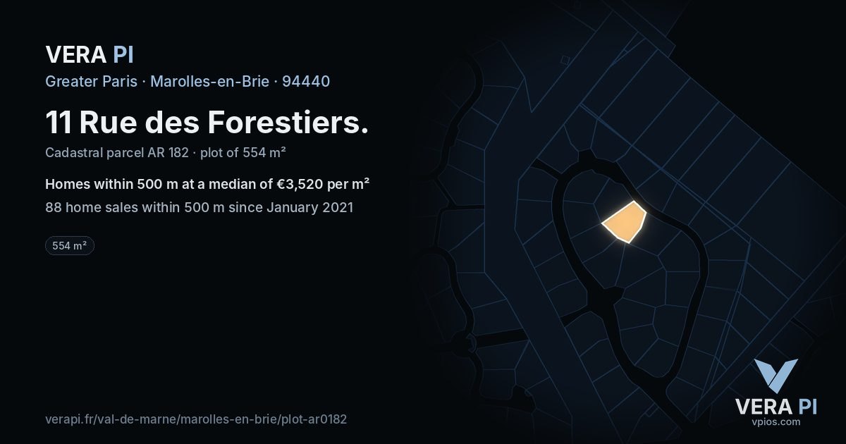 11 Rue des Forestiers, Marolles-en-Brie at night – the plot lit, the parcels around coloured by the prices near them