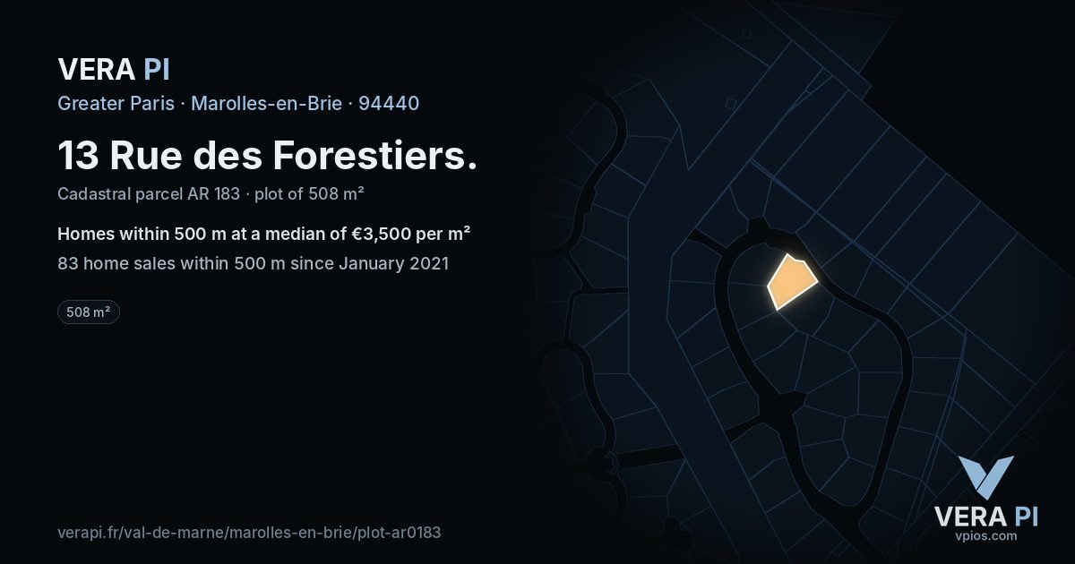 13 Rue des Forestiers, Marolles-en-Brie at night – the plot lit, the parcels around coloured by the prices near them
