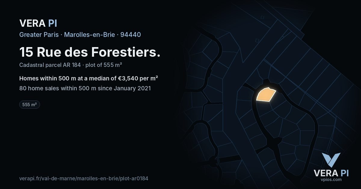 15 Rue des Forestiers, Marolles-en-Brie at night – the plot lit, the parcels around coloured by the prices near them