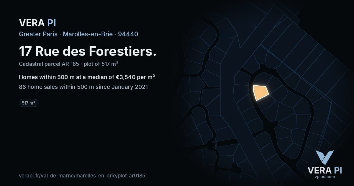 17 Rue des Forestiers, Marolles-en-Brie at night – the plot lit, the parcels around coloured by the prices near them