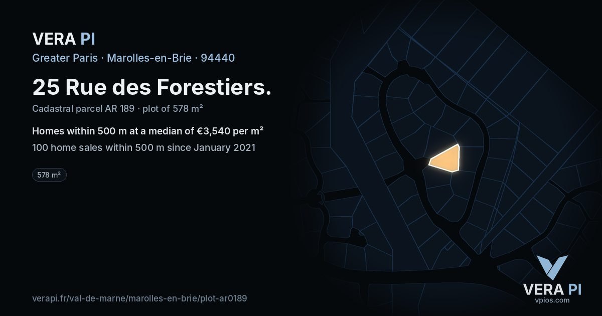 25 Rue des Forestiers, Marolles-en-Brie at night – the plot lit, the parcels around coloured by the prices near them