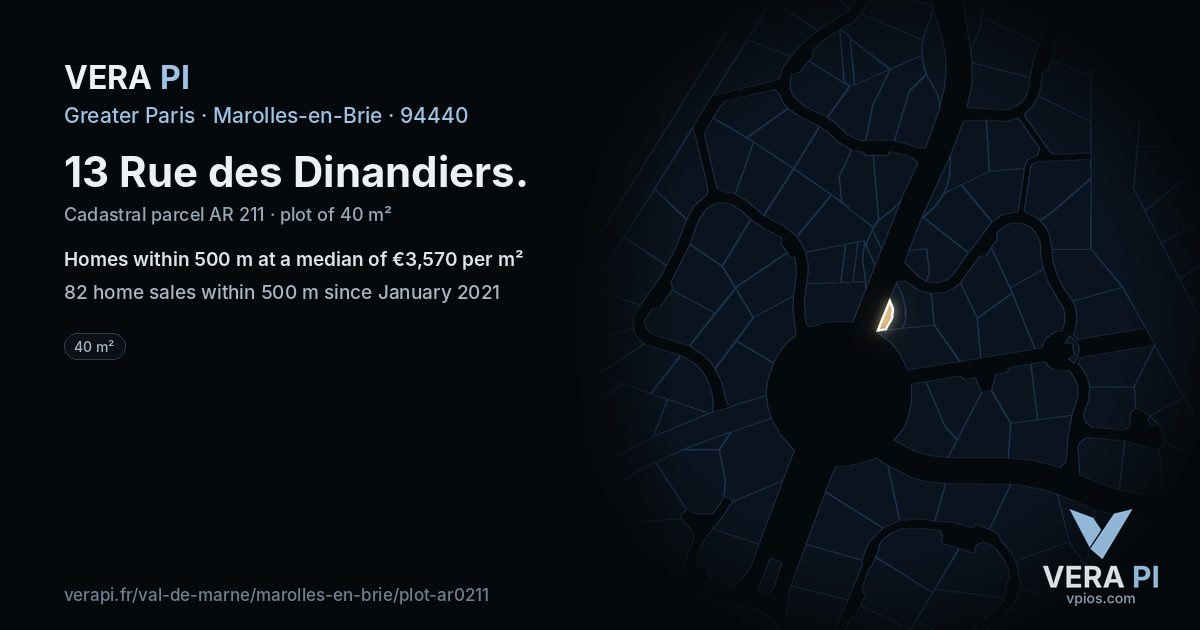 13 Rue des Dinandiers, Marolles-en-Brie at night – the plot lit, the parcels around coloured by the prices near them