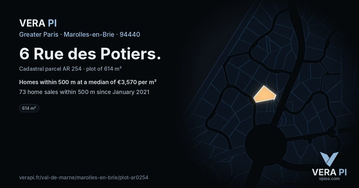6 Rue des Potiers, Marolles-en-Brie at night – the plot lit, the parcels around coloured by the prices near them